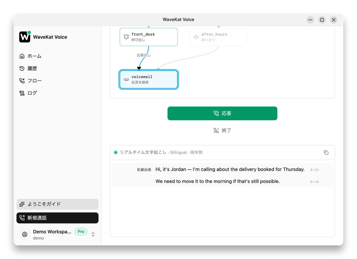 通話フローが伝言を預かっている WaveKat Voice——リアルタイム文字起こしと応答ボタン