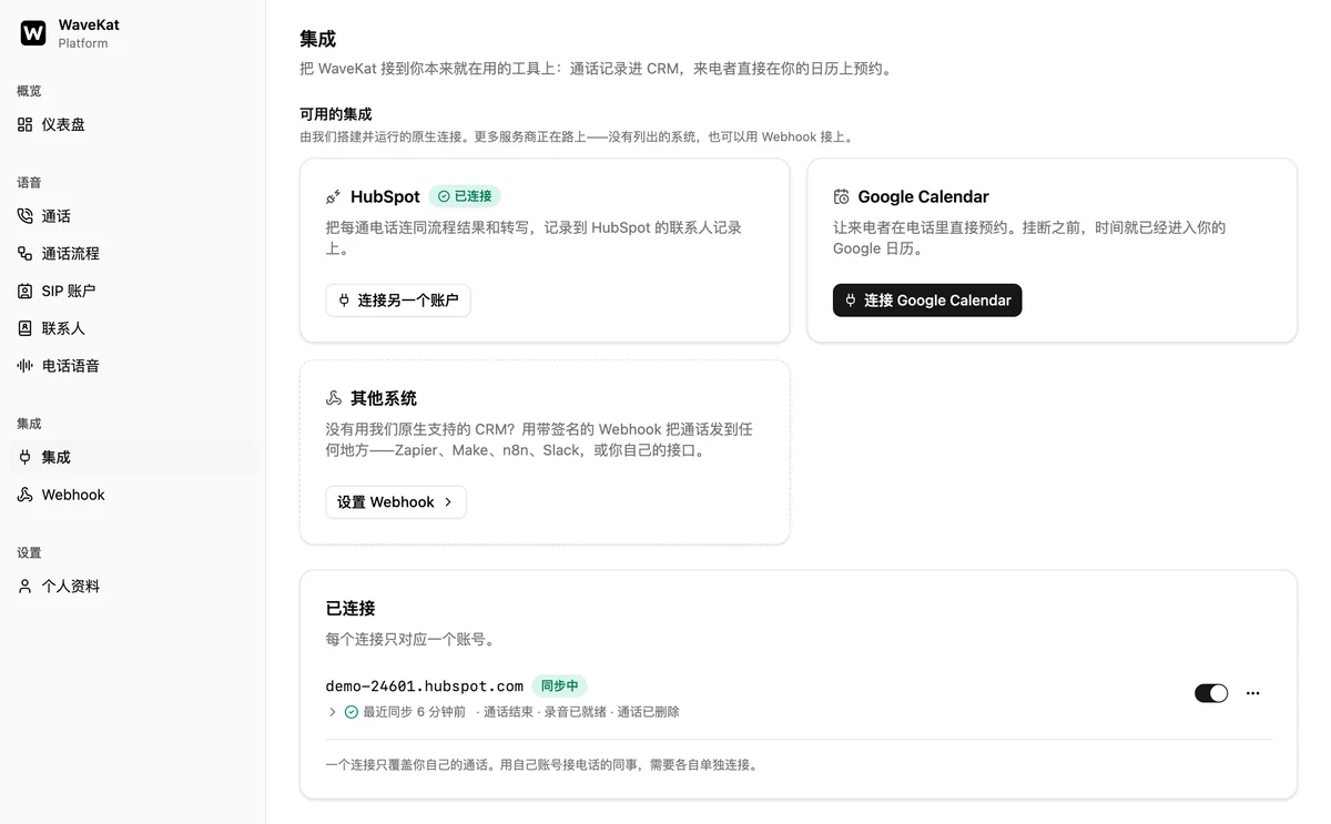 网页版 WaveKat 的「集成」页面——HubSpot 在可用集成里标着「已连接」，下方是已连接的账户，显示「同步中」和几分钟前的最近一次同步。